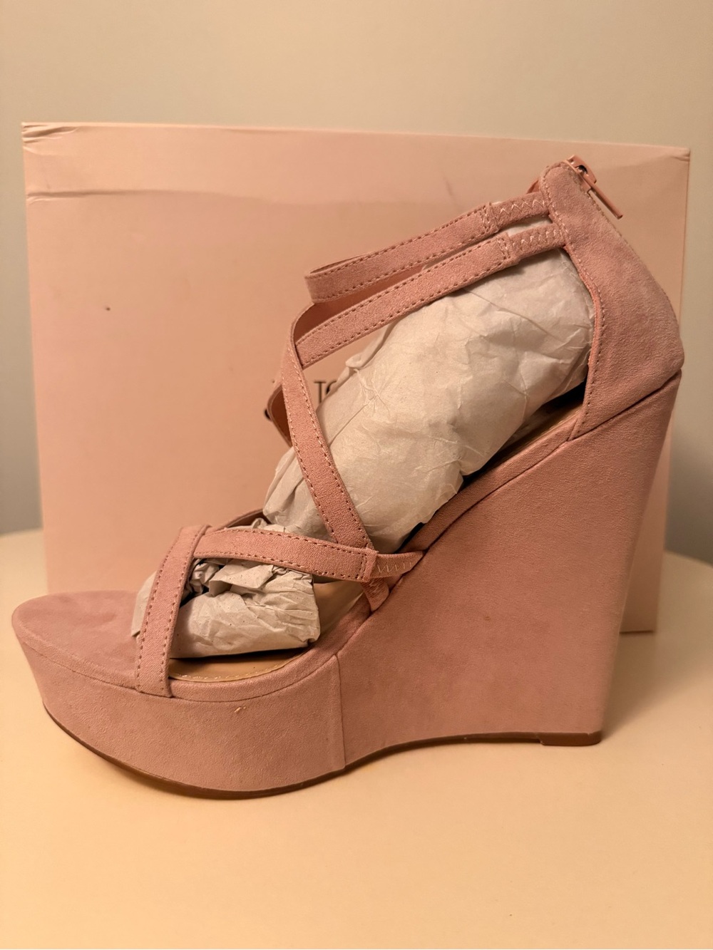 JustFab Blush Pink Suede Crisscross Wedge Sandals